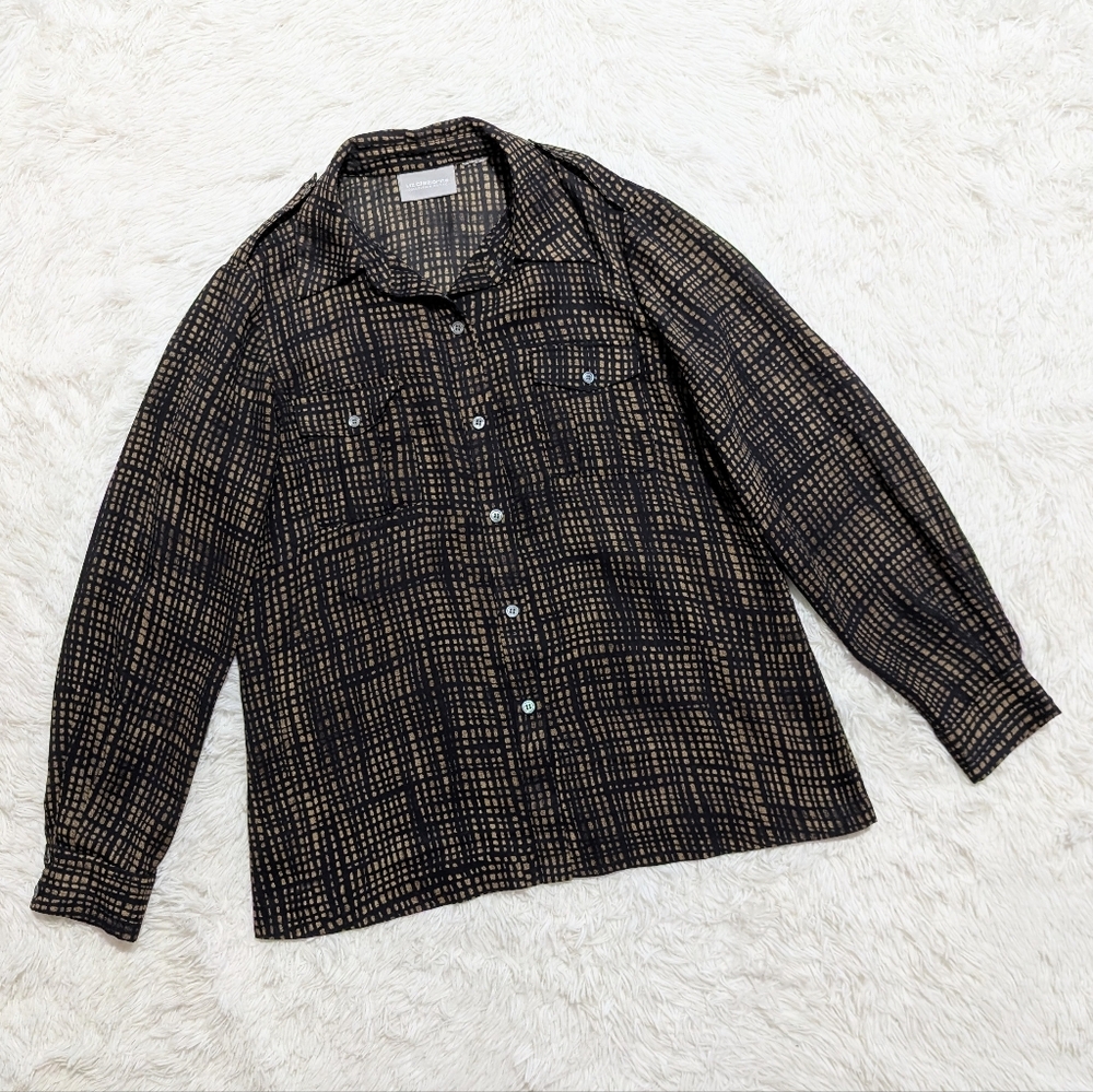 Liz Claiborne Sheer Brown & Black Abstract Grid Print Button Up Top Petite